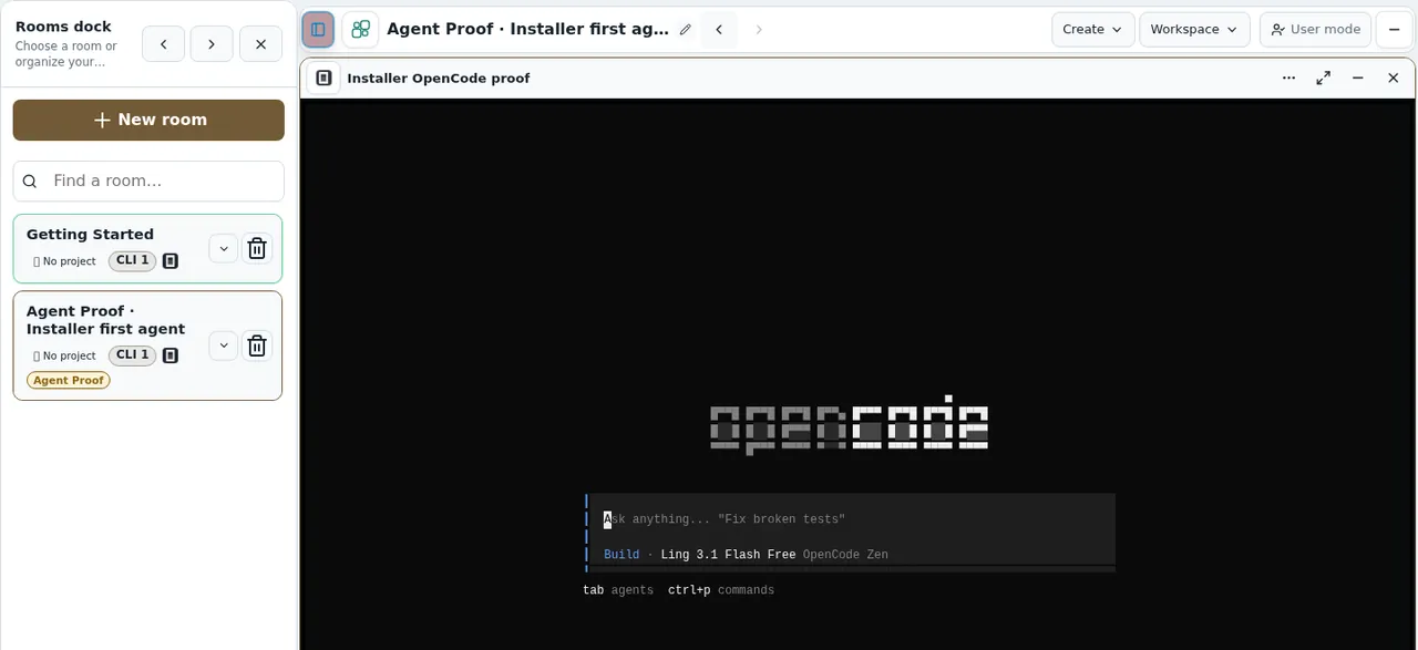 An OpenCode pane in SpaceApp, ready for a prompt, with the free model name under the input box