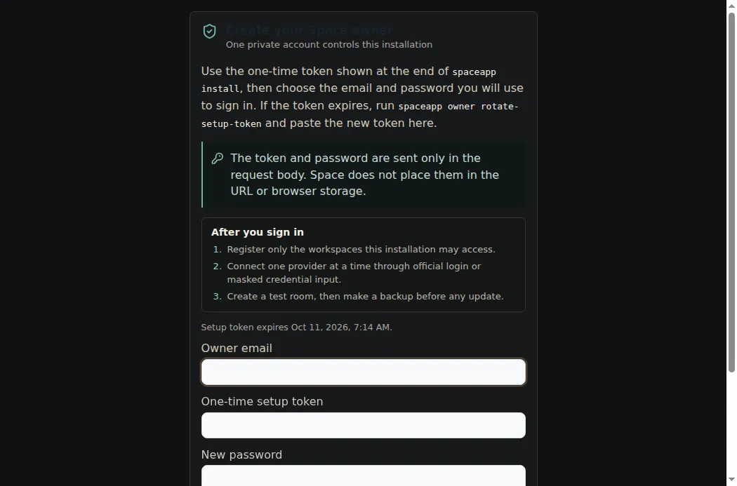 The Create your Space owner page that opens after installation, with the owner email and one-time setup token fields