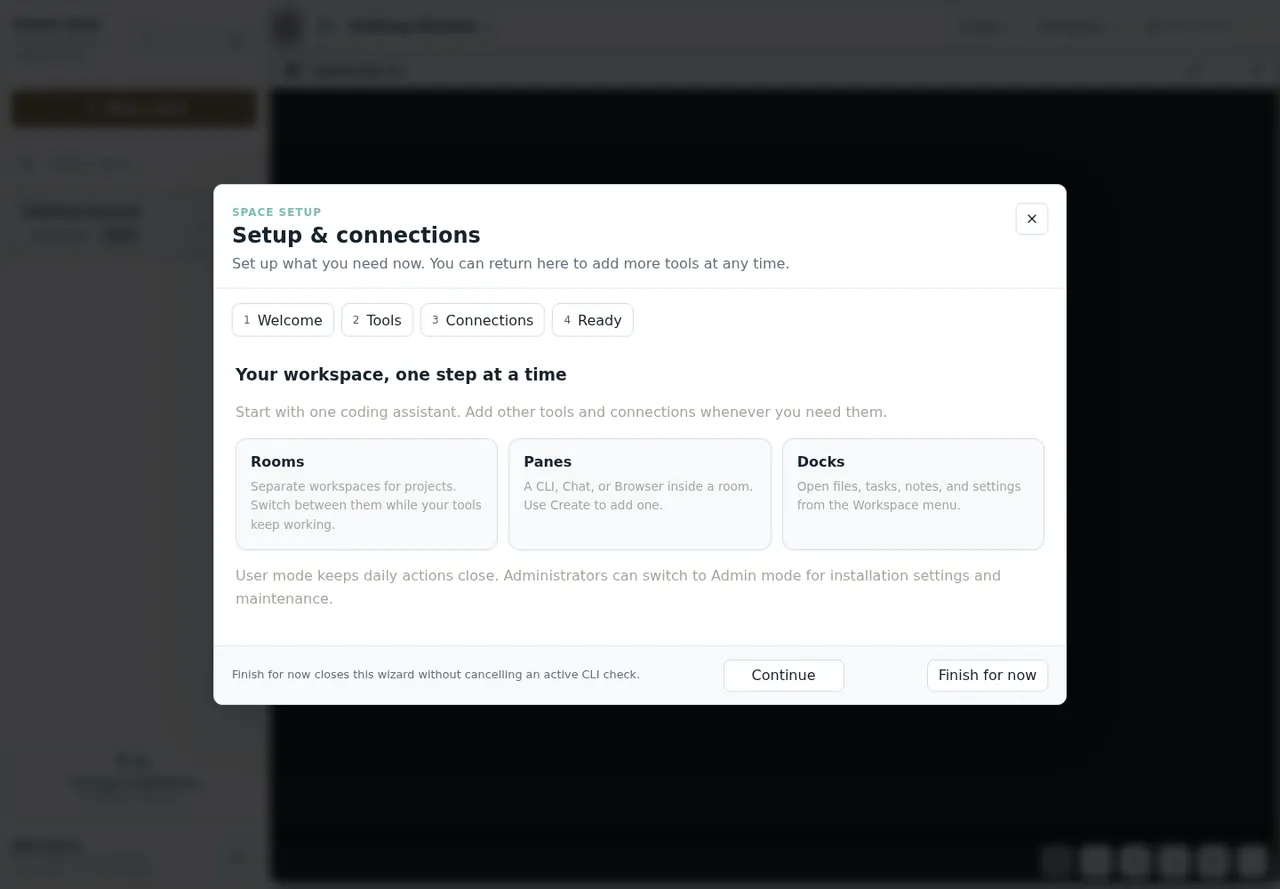 The Setup & connections wizard shown after the owner account is created