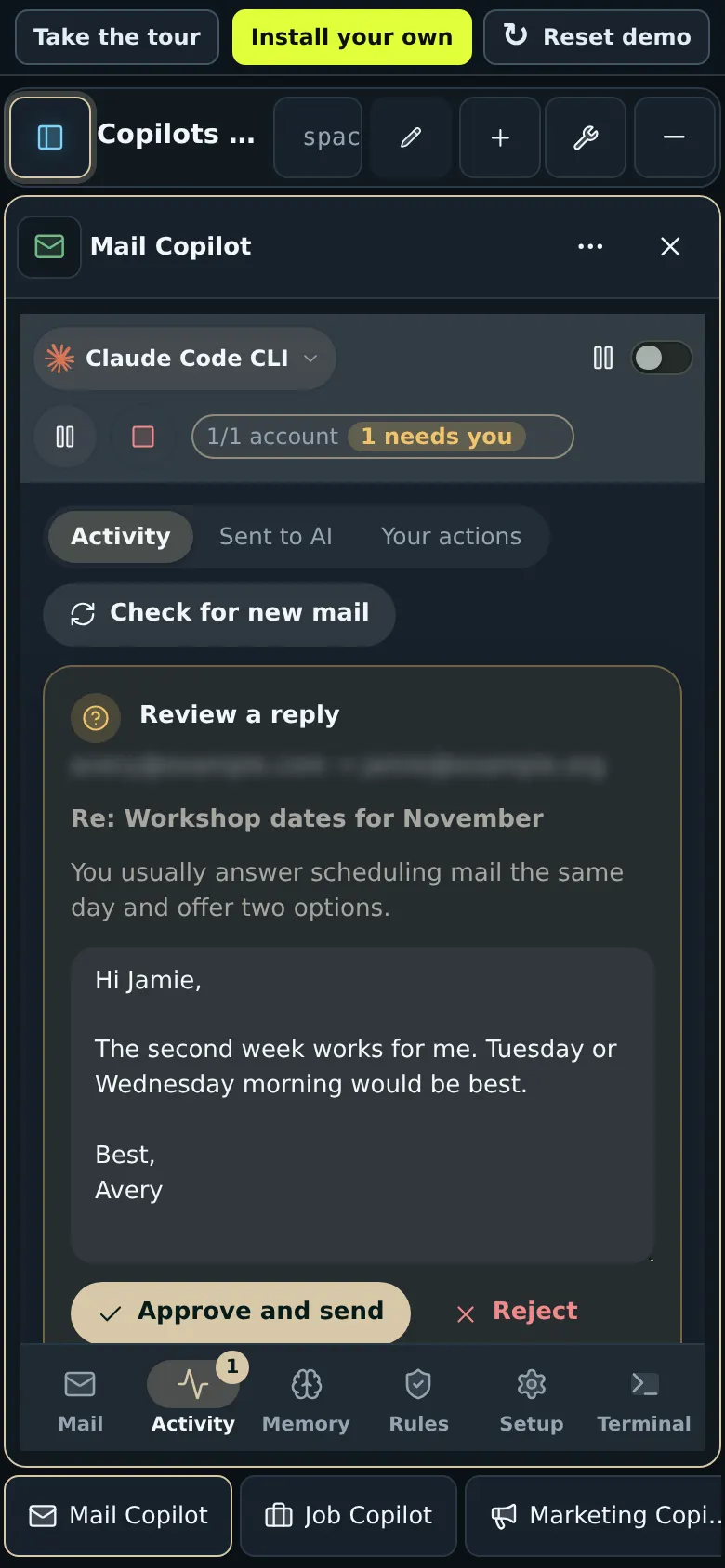 Mail Copilot on a phone: a reply to approve or reject, with tabs for the three copilots
