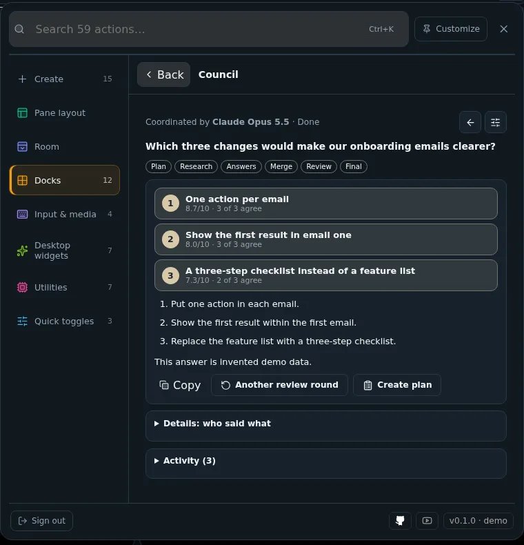 Research Council dock showing a finished question with three ranked answers and their scores