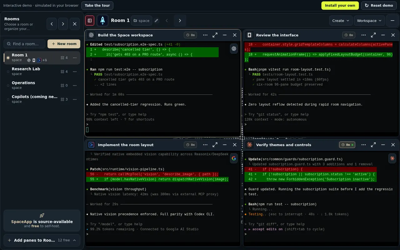A room with four AI coding CLI panes working side by side