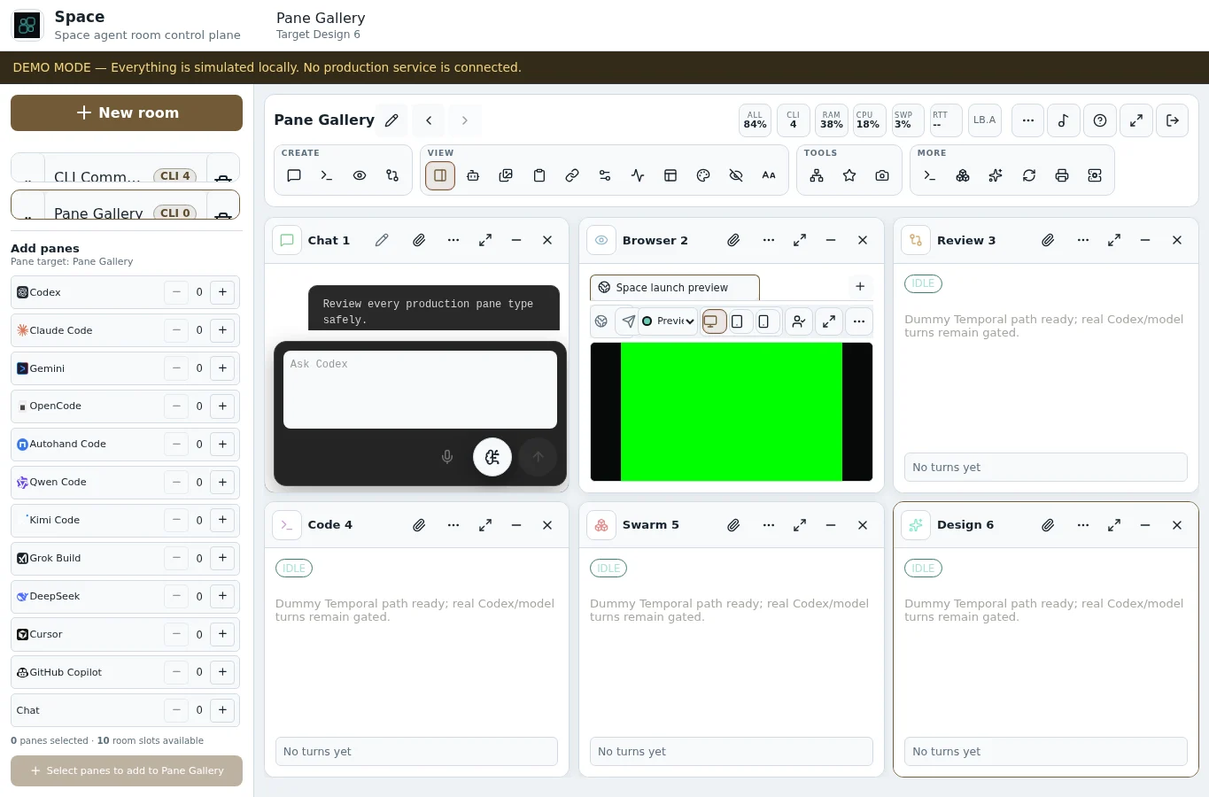 The Space Pane Gallery with chat, browser, review, code, swarm, and design panes