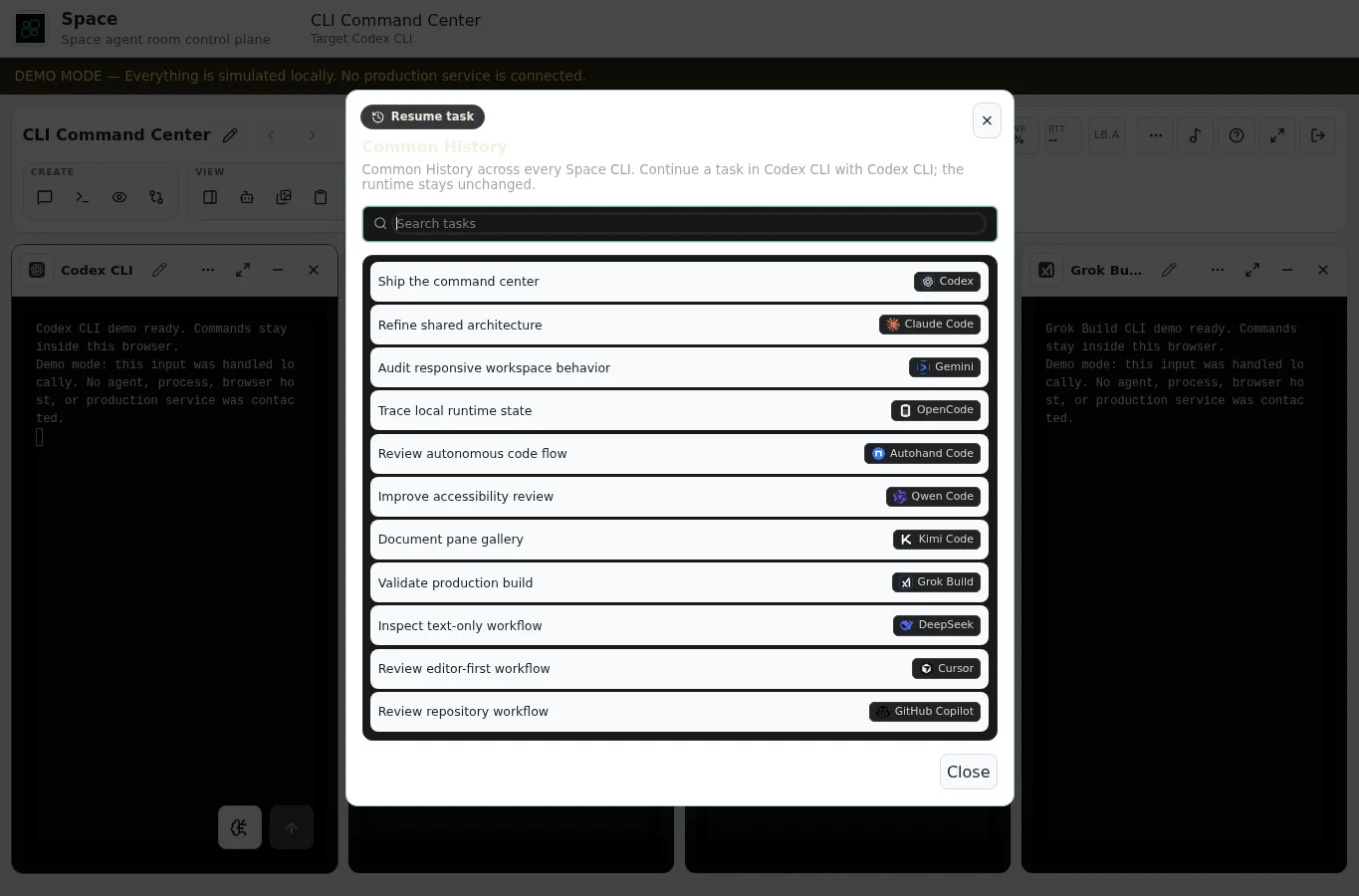 Space Common History listing searchable tasks from all eleven CLI providers